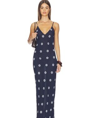 Navy Floral Slip Maxi Dress with V-Neck
